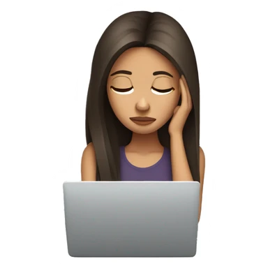 Sad straight hair brunette at a laptop with headache sticker