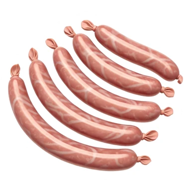 raw chipolata sausages, 2 or 3 small thin pale pink raw pork sausages, lightly curved, subtle marbling, smooth translucent casing, arranged naturally, slightly overlapping or coiled, fresh moist texture, clean 3D look, soft lighting, no extra elements, no faces, emoji scale sticker