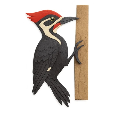 Pileated Woodpecker clinging to a tree, delicate paper layers, realistic feather patterns, subtle color variations sticker