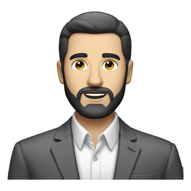 a white man with a dark beard in a grey suit and black hair slick back sticker