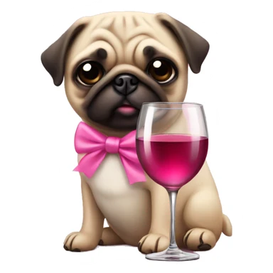 A pug dog with a pink bow and a glass of rose wine  sticker