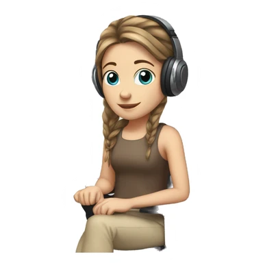 white girl at desk, brown hair, ponytail, blue eyes, computer, headphones sticker