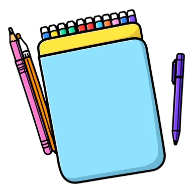 Cute school supplies including colorful pencil case, notebook, pens, and markers sticker