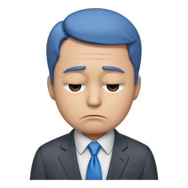 emoji character wearing a dark grey suit, white shirt, and blue tie. face has a very sad, disappointed expression with drooping eyebrows and half-closed eyes His posture is dejected, with slumped shoulders. he just rejected from his interview to get a job sticker