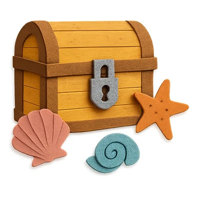 closed treasure chest with a lock, surrounded by seashells and starfish in paper-craft style sticker
