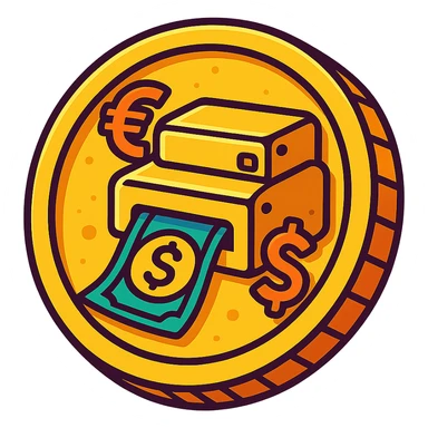 coin shaped like a money printer, metallic gold, with currency symbols, vibrant toon style sticker