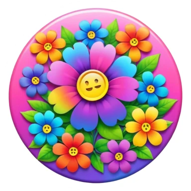 A round psychedelic colored button with rainbow colored flowers in the center sticker