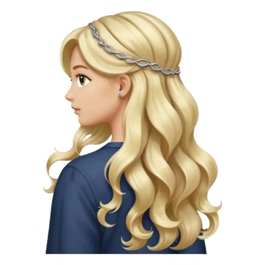 a girl facing backwards so that her hair is showing, long hair that is wavy. she has her hair in a style of half-up-half-down with a small claw-clip securing the hair of the head where the hair strands meet. hair is a platinum blonde color and dark blonde highlights.  sticker