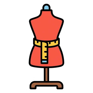 a fashion mannequin with measuring tape, representing a fashion designer, colorful lineal icon with black outlines sticker