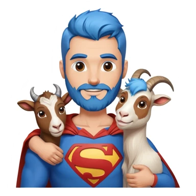 Adult Superman with redish brownish full beard with his arm around a blue hair happy goat sticker
