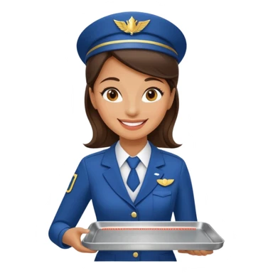 A female professional flight attendant holding a service tray, sticker