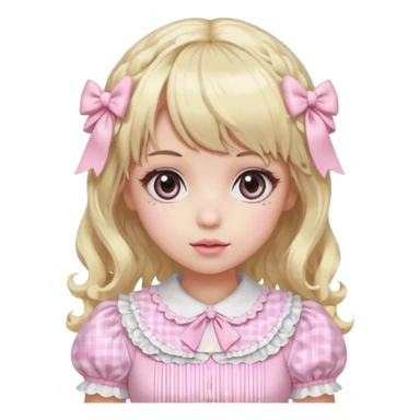 pale girl with curly medium length blonde and baby pink swirled hair with bangs, grey eyes, doll-like makeup, wearing a light pink lolita hime gyaru dress, emoji style sticker