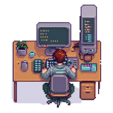 programmer sitting at a desktop computer, pixel art style sticker