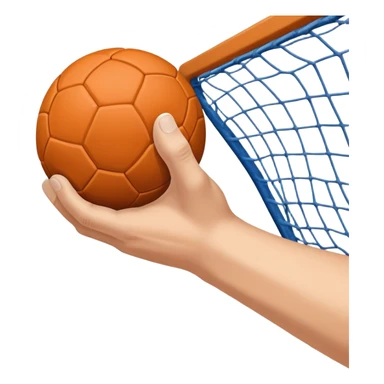 A close-up of a hand gripping a handball, with the handball gates visible in the background. The focus is on the texture of the ball and the strength of the grip, with the goal net slightly blurred to emphasize the anticipation of the throw. sticker