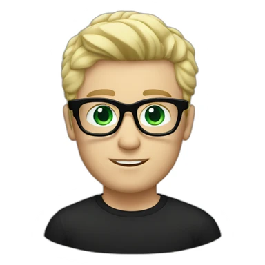 blonde hair white male wearing black shirt with bold blue glasses green eyes and blonde hair sticker