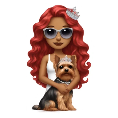 Latina girl red long wavy hair holding her Yorkie with her tiara and sunglasses  sticker