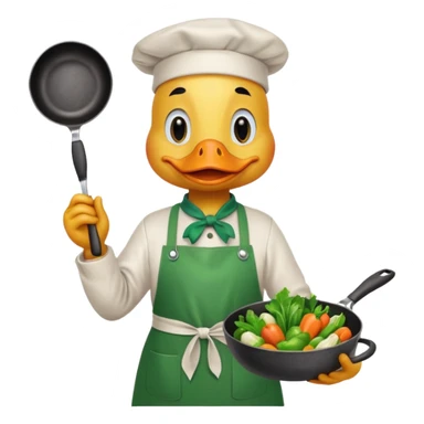 A duck holding a frying pan with vegetables, wearing green apron sticker