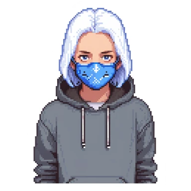 teen in hoodie, blue mask, white hair, simple background sticker