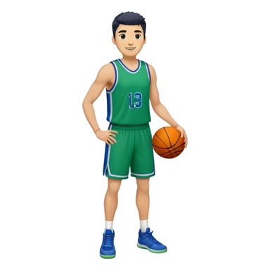 Full Body heavy tall white male with dark short spike hair basketball player wearing blue green uniform smiling sticker