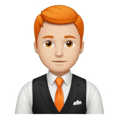 groom in white vest, orange tie sticker