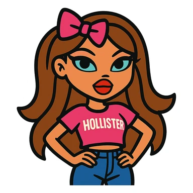 Bratz doll character with brown hair and a pink bow on her hair sticker