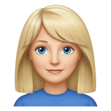 50 yr old white woman, curtain bangs, long straight blond hair, oval face, small smile, blue eyes sticker