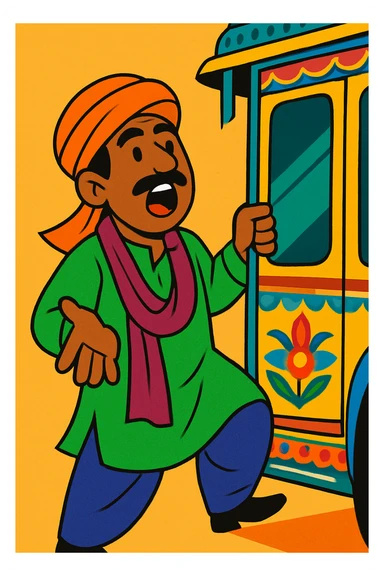Pakistani bus conductor calling out for passengers, traditional attire, holding onto bus door, lively expression, South Asian features, bright colors, simple background sticker