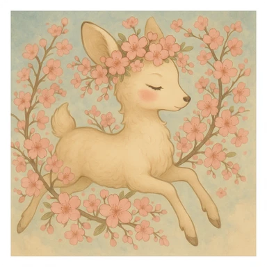 Create a variation with more cherry blossoms for a feminine adult vanilla cloud doe with rosy cheeks and cherry flowers, floating gracefully, in Ghibli style. This is for brand identity and social media use. sticker