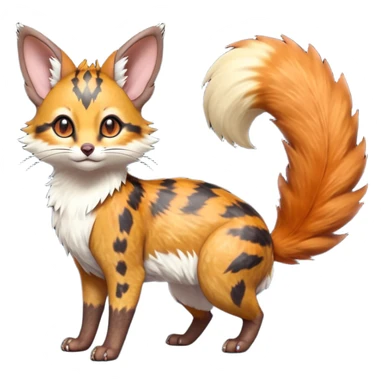 Hyper realistic  ember-rust copper fur molten with glowing magma seams and smoky tips beautiful elegant pretty precious cute  Fakémon-Pokémon-opossum-feline-serval-caracal-chinchilla-Furret-Minccino-hybrid-creature with a big fluffy bushy tail (full body) sticker