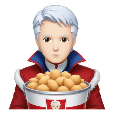 Dante and Vergil from Devil May Cry sitting together in a KFC family bucket, Dante in red coat, Vergil in blue coat, both with white hair sticker