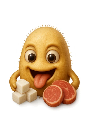 emoji stile iphone realistica di un batterio della candida con espressione affamata che si nutre di zollette di zuccheri e fettine di carne, IPERREALISTICO 4K sticker