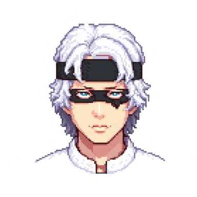 Pixel art Gojo Satoru, close-up face, white hair, black blindfold, anime-inspired, retro game style sticker