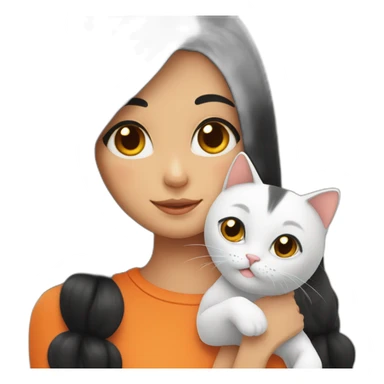 Girl with black hair parted in the middle holds an orange cat sticker