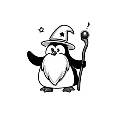 a penguin wizard with a long white beard, pointed hat, and magical staff sticker