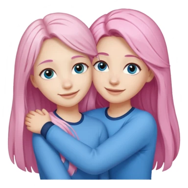 four white grips hugging and smiling    2 girls with brown eyes and long dark brown hair. One girl with long light pink hair and blue eyes, one girl with blue eyes and light blonde hair sticker