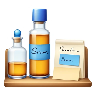 serum bottle on a shelf with a sticky note sticker