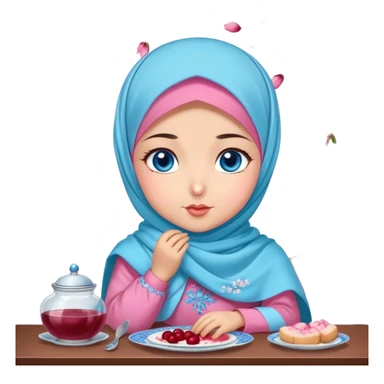 Turkish beautiful finish Konya girl blue eyes with cherry blossom floral pink and baby blue hijab islamic dress and with yummy Drooling face on the table sticker