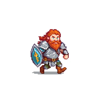 pixel art ginger viking with red beard and armor, running animation frame 2, mid-stride sticker