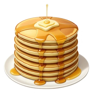 Cinematic fluffy golden pancakes, stacked high, drizzled with maple syrup, topped with fresh butter melting on top, light dusting of powdered sugar, warm and inviting, soft glow and mouthwatering. sticker