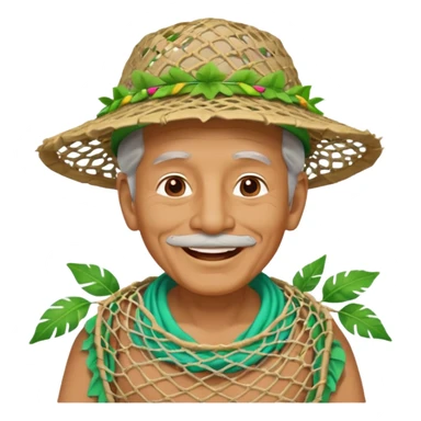 Hawaiian old man with leaf hat and big trash net and colorful cloth sticker