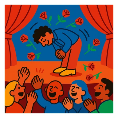 a person bowing on stage for a crowd, roses being thrown at them, clear expressive style sticker