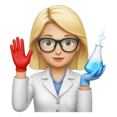 Eine hellblonde Chemikerin mit Kittel, Handschuhen, großer Labor-Sicherheitsbrille und typischem Erlmeyerkolben in der Hand, weißer Hintergrund sticker