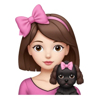 brown haired beautiful girl with a coquette hair accessory and a cute black Maltese dog, pink theme sticker