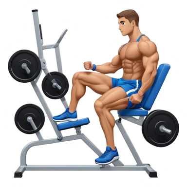 side-view bodybuilder in blue shorts seated weighted calf-raise machine on his tip toes sticker