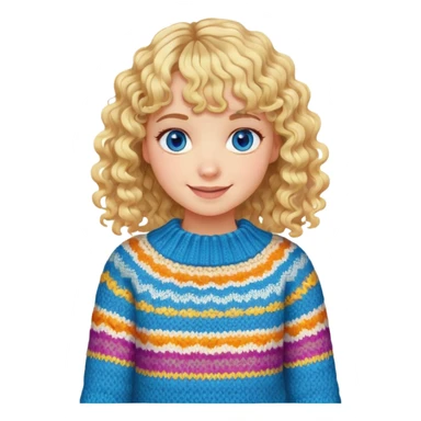 smiling girl with curly blonde hair and bangs, blue eyes with brushes and colourful  knitted sweater sticker