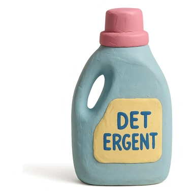 bottle of detergent in claymation style, pastel colors, visible fingerprints, soft matte finish sticker