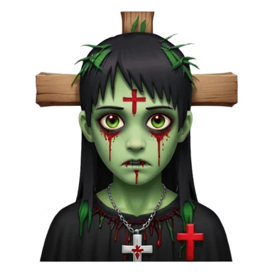 zumbi verde com olhos vermelhos sangrando e franja roupa preta e um crucifixo como colar, sem ser na testa e um piercing no nariz bem feminino a franja reta também  sticker