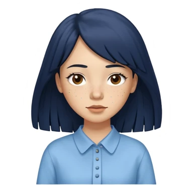hair : black long hair with fringe 
skin : light with freckle
cloth : oversize light blue shirt + navy long long skirt 
 sticker