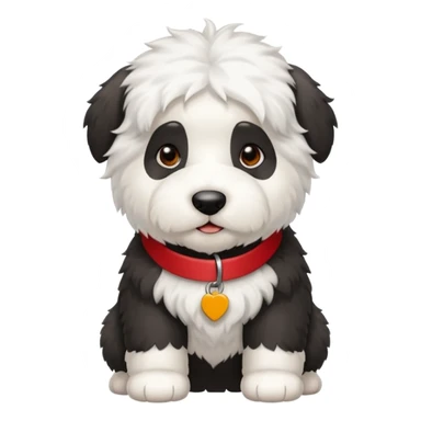Crea un emoji de un perrito bebé  sheppdog english old con un collar rojo y que la placa diga Rocky sticker