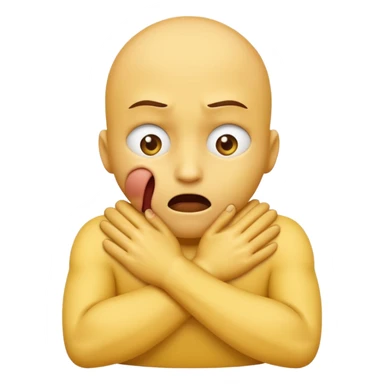 Yellow face emoji strangling itself with 2 arms crossed and hands saround neck and eyes looking up in fear sticker